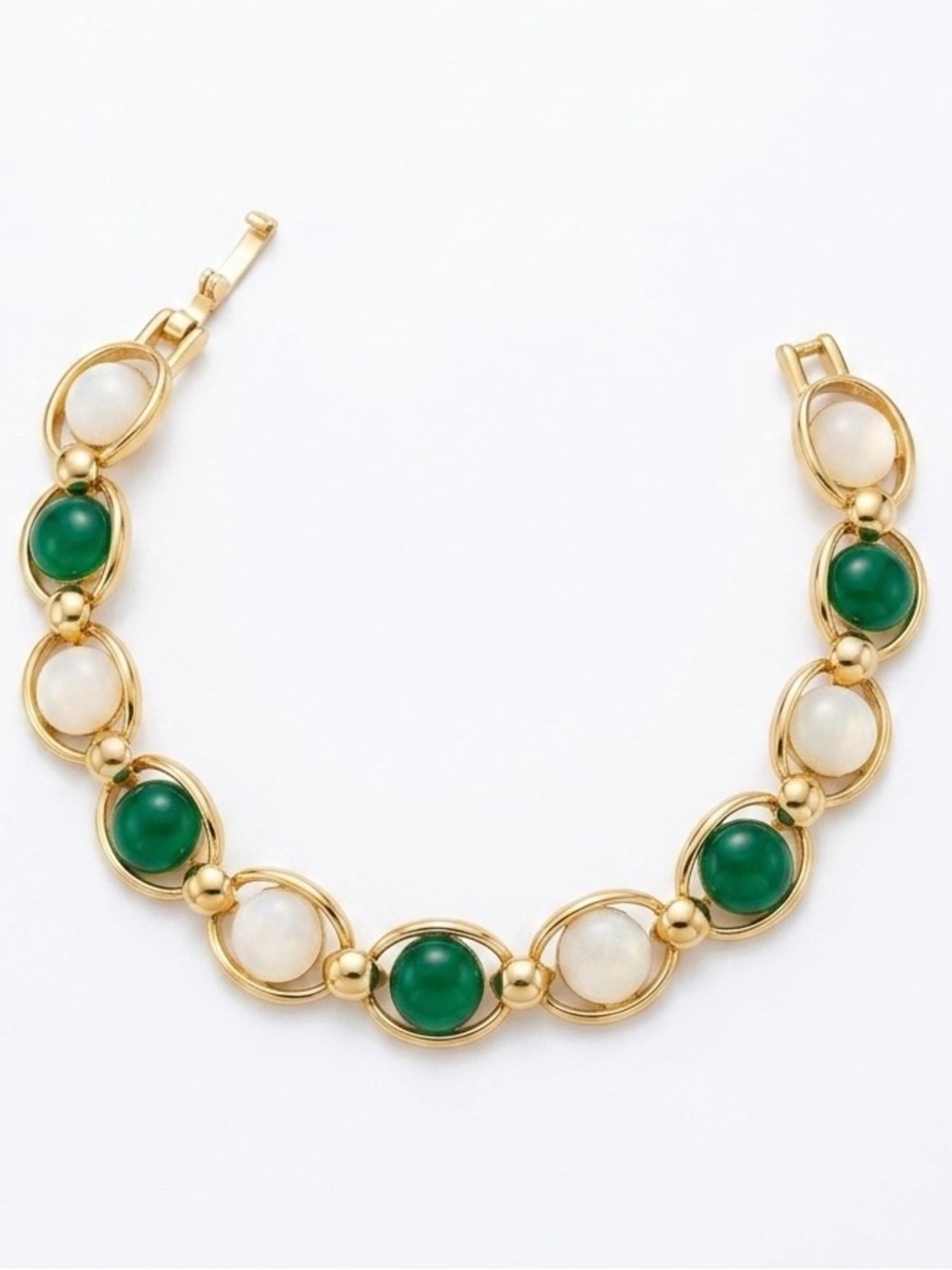 Vintage 14K Gold Plated Green Jade White Quartz Link Bracelet 6.5” Tarnish Free